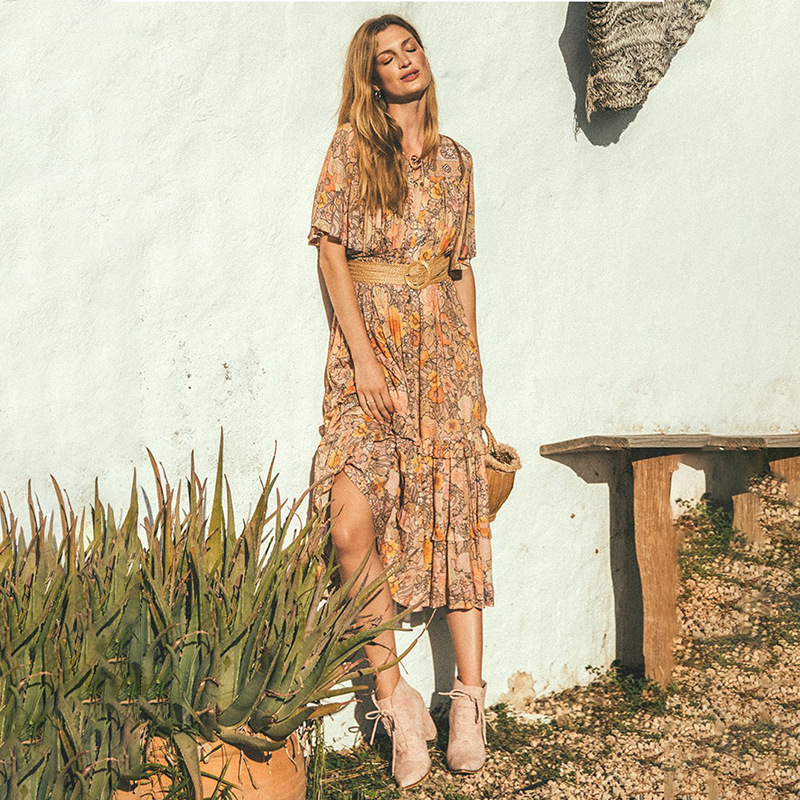 Summer dresses new Sehatle midi bohemian dress casual street beach sexy rob elegant ruffles V-neck boho clothing for women T200604