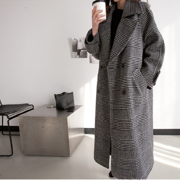 Women Wool Coat Plaid Loose Long Double Breasted Fashion Female Coats Autumn Winter Outerwear Jackets Trench Oversize WJ110 201216