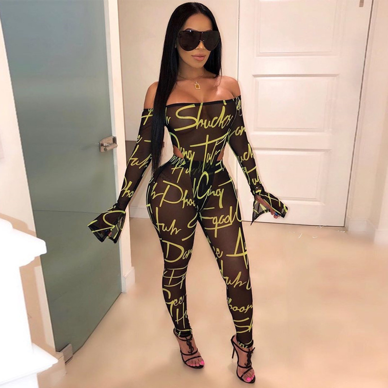 Sexy Mesh Transparent Women's 2-Piece Black Outfit Off Shoulder Bodysuit & Pants Tracksuit | T200630 B3