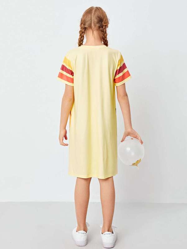 Girls Striped Sleeve Unicorn Print Tee Dress SHE