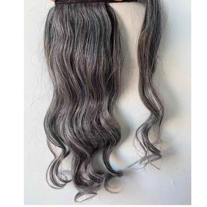 Slaying the wavy gray human hair ponytail hairpiece extension salt and pepper natural grey drawstring wraps around clips pony tail hair piece 120g 140