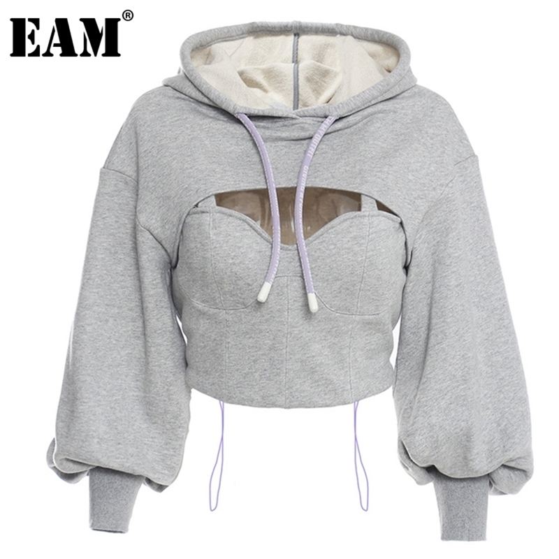 [EAM] Loose Fit Gray Hollow Out Drawstring Sweatshirt New Hooded Long Sleeve Women Big Size Fashion Spring Autumn 1DD0023 201209