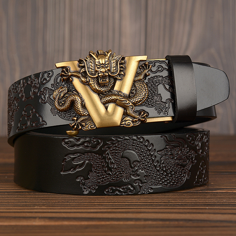 New Male China Dragon Belt Cowskin Genuine Leather Belt for Men Carving Dragon Pattern Automatic Buckle Belt Strap For Jeans 201117