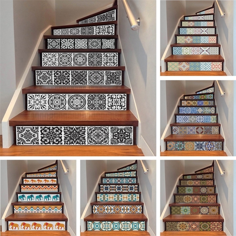 

yazi 6PCS Removable Step Self-Adhesive Stairs Sticker Ceramic Tiles PVC Stair Wallpaper Decal Vinyl Stairway Decor 18x100CM 201201