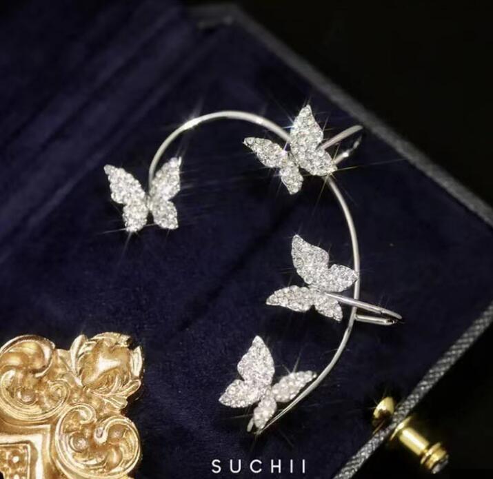 Silver Plated Metal Butterfly Ear Clips Without Piercing For Women Sparkling Zircon Ear Cuff Clip Earrings Wedding Jewelry GC797