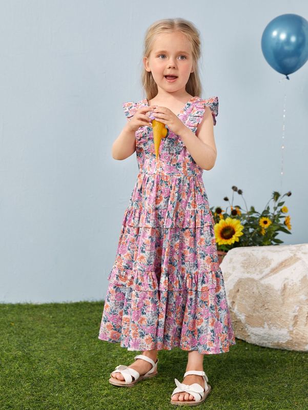 Toddler Girls Allover Floral Print Backless Butterfly Sleeve Layered Ruffle Hem Dress SHE