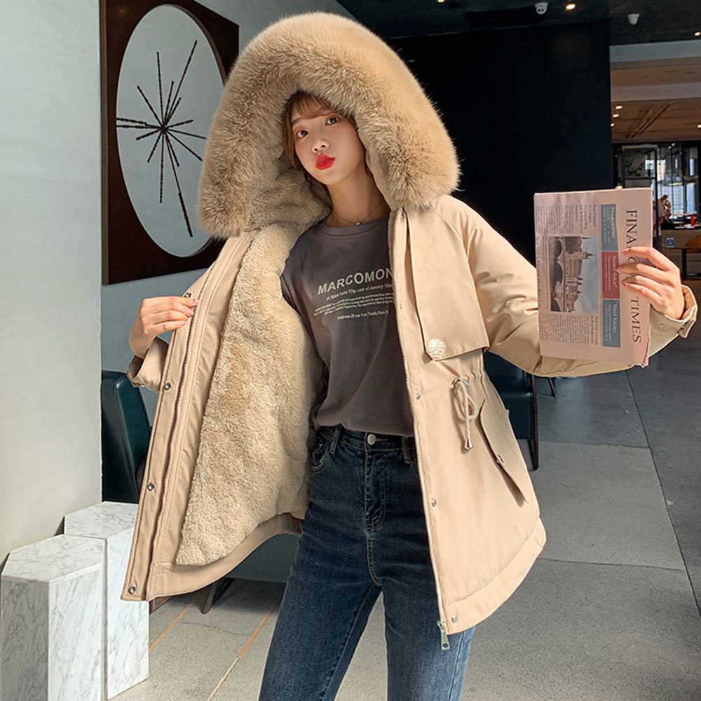 PinkyIsBlack Ladies Wool Liner Thicken Hooded Parkas Women Slim With Big Fur Collar Outerwear Autumn Winter Jacket Women Coat 201019