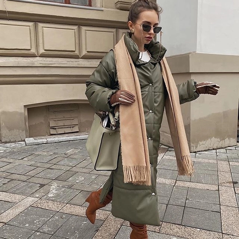 Casual Khaki Windproof Parkas Fashion Winter PU Leather Coats Women Elegant Long Cotton Jackets Female Ladies 201127