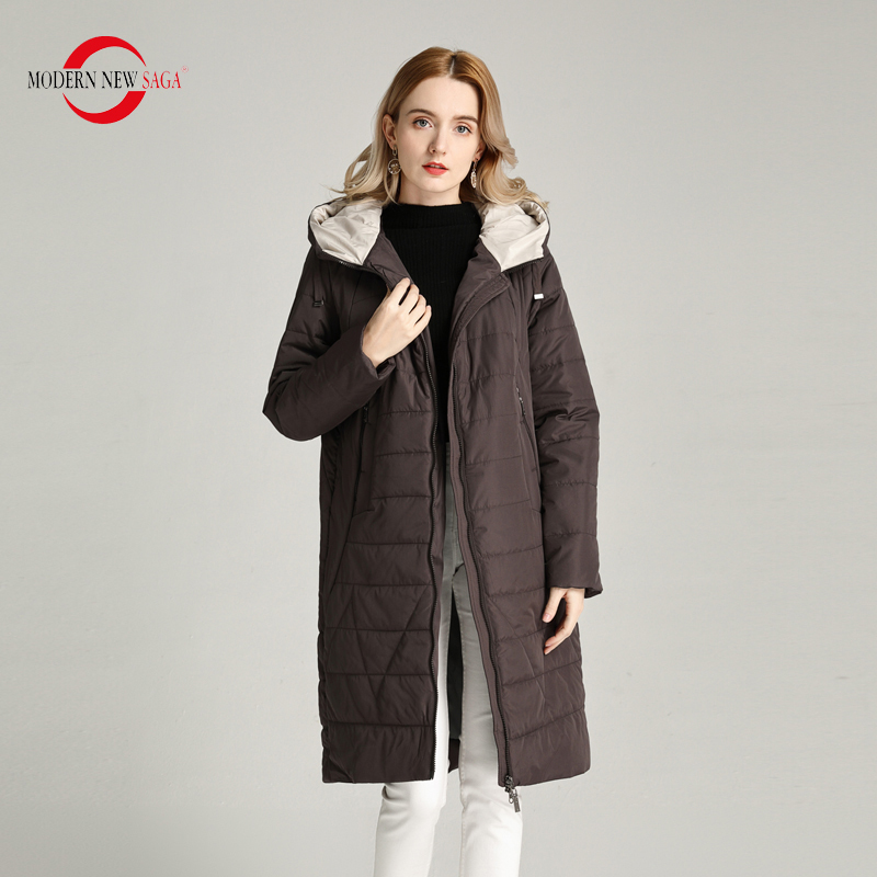MODERN NEW SAGA Women Coat Spring Thin Padded Jacket Polyester Autumn Women Long Jacket Hooded Woman Parka Ladies Overcoat 201019