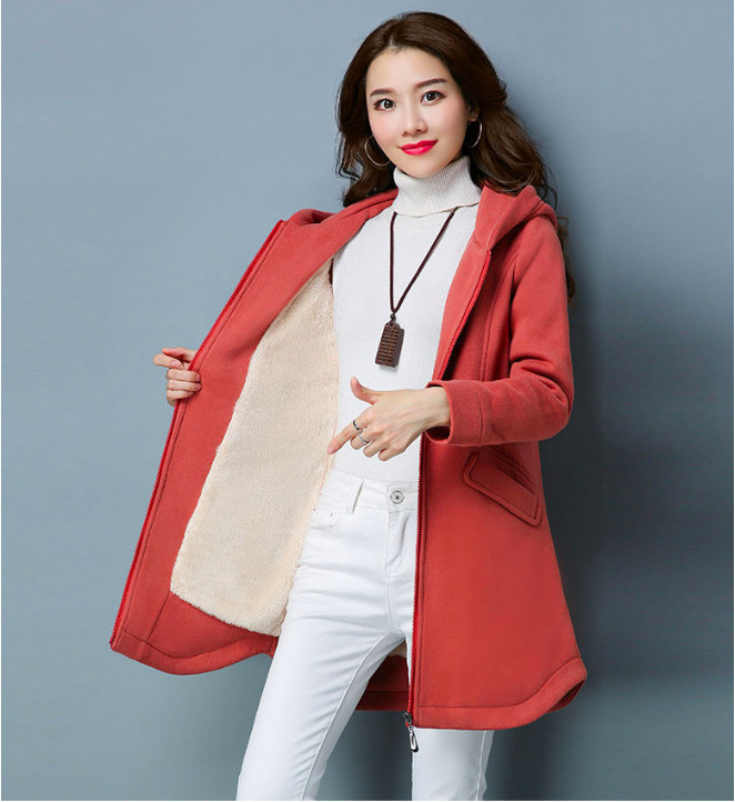 Autumn Winter Women Fleece Thickened Hooded Jacket Cashmere Mid-length Warm Zipper Coat Female Woolen Loose Hooded Outwear 201217