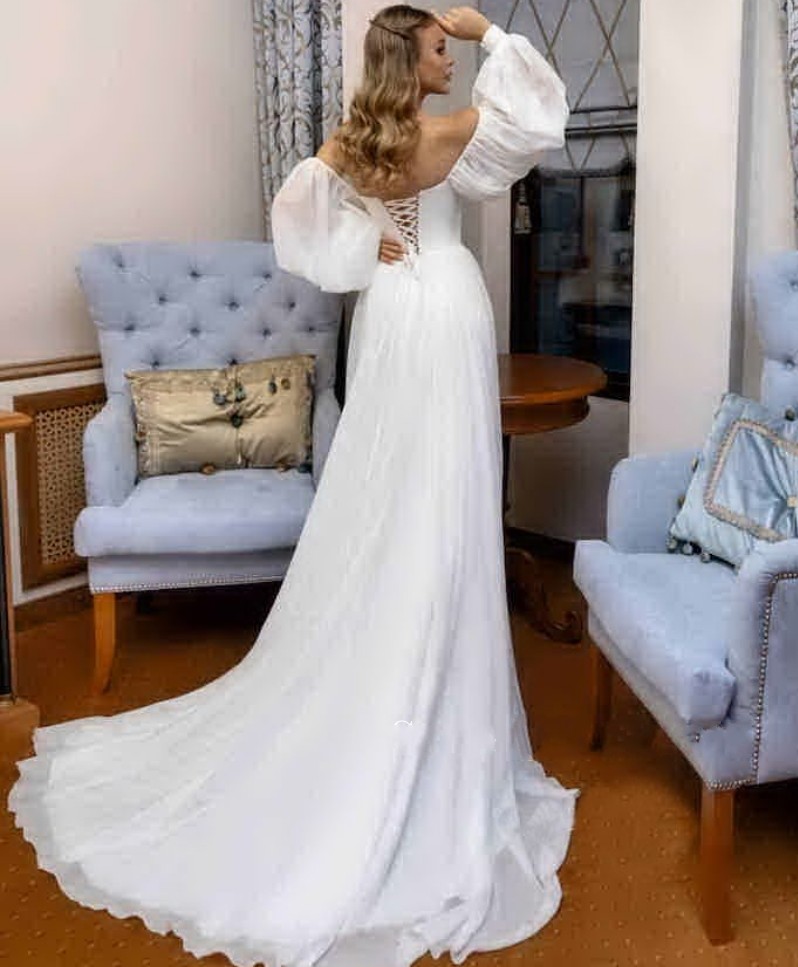 Glam Long Sleeves Wedding Dress Off the Shoulder Puffy Sleeves A Line Sweetheart Chiffon Bridal Gown Court Train Vestido de Noiva 2022 Robe Mariage