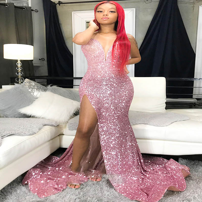 Sexy Pink Black Girls Prom Dress With Slit Glitter Sequined Formal Evening Dresses 2022 V Neck Mermaid Dance Party Gowns For Women African Special Occ