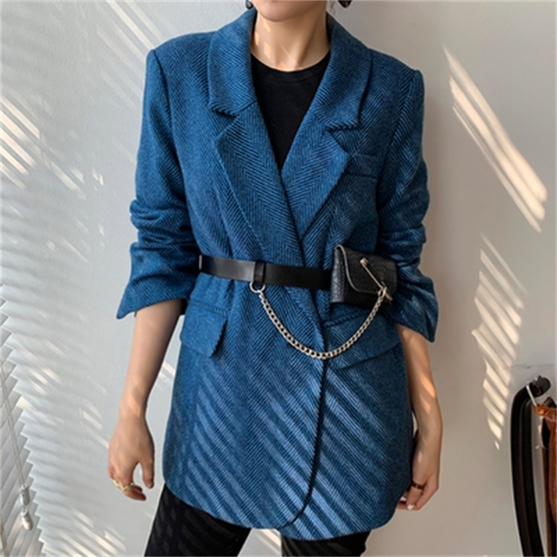 New Woolen Coat Women Elegant Thick Blue Suit Blazer Jacket Autumn Winter Office Lady Outwear Female Fashion 201030