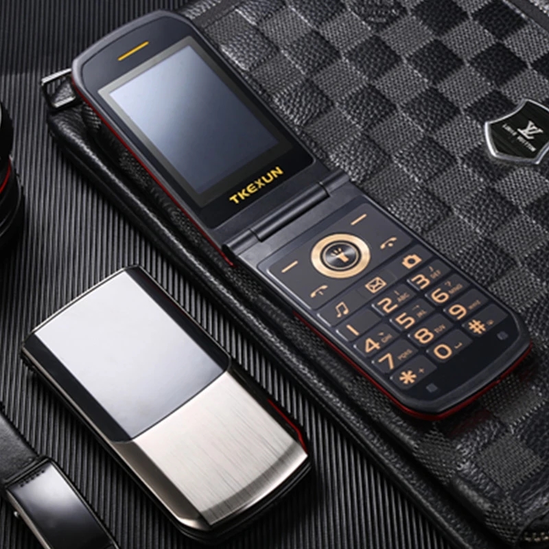 Unlocked Extra Slim Original TKEXUN Metal Gold Flip Cellphone Dual Sim Card Metal Torch Handwriting Screen Large Key Camera MP3 Mobile Phone