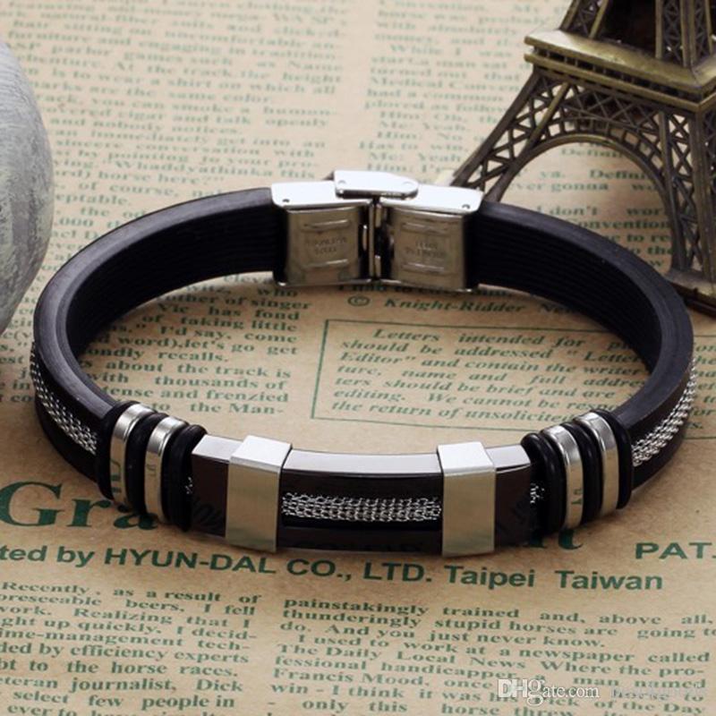Mens Bracelets Black Stainless Steel Silicone Bracelets Charm Bracelet Male Bangle For Men Jewelry Silver & Rose Gold Color