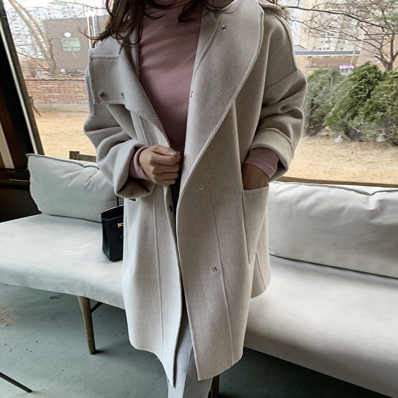 GALCAUR Thick Tweed Coat For Women Hooded Collar Long Sleeve Loose Pockets Oversized Elegant Coats Female Autumn Clothing 201103