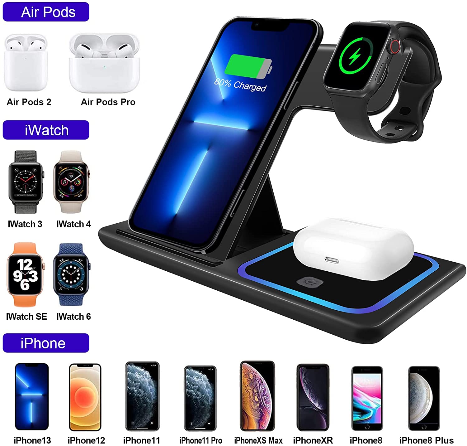 15W 3 in 1 Wireless Charging Charger Station Compatible for iPhone Watch AirPods Pro Qi Fast Quick Charger for Cell Smart Mo481699