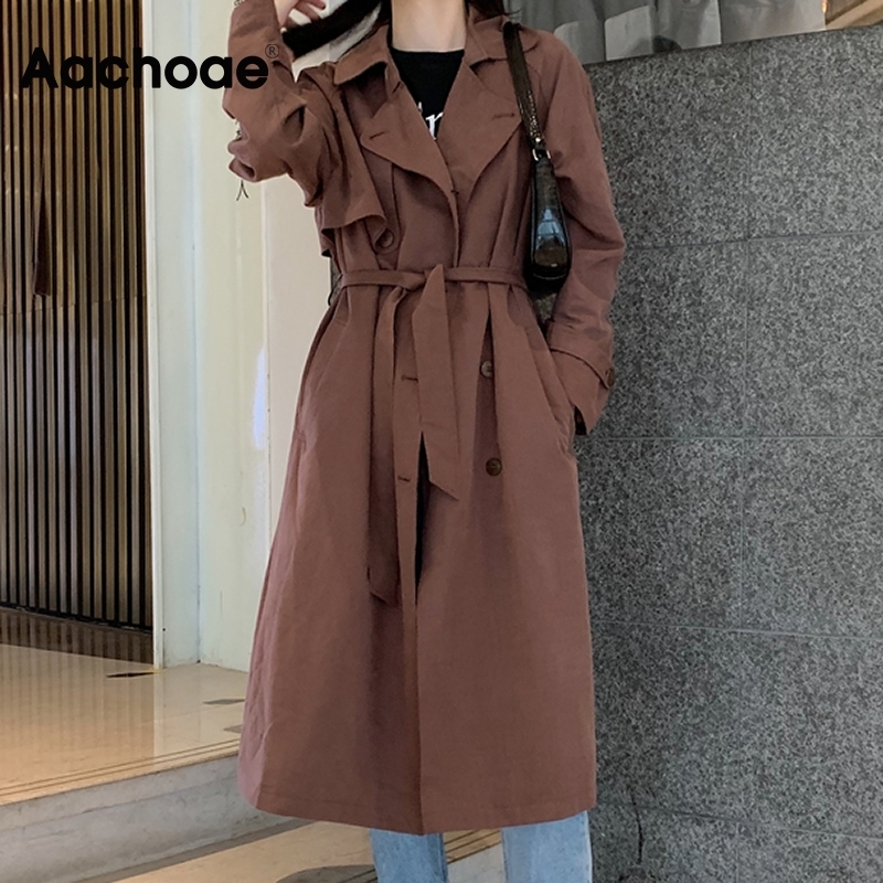 Aachoae Women Double Breasted Solid Long Trench Batwing Long Sleeve Straight Coat Bandage Elegant Windbreaker Korean Outwear 201111
