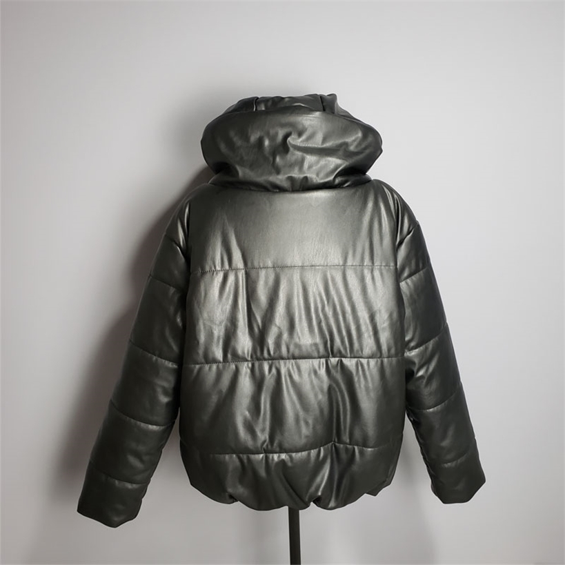 Faux Leather Winter Hooded Jacket Women Cotton-padded Parkas Zipper Thicker Warm Bread Coat European Clothing 201210