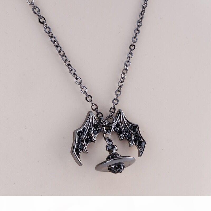 Queen MOTHER Demon Evil Titanium Black Wings Diamond Saturn Necklace Super Cool Punk Bat