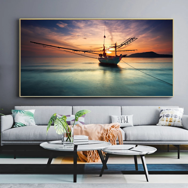 Large Size Boat Sunset Poster Landscape Canvas Painting Wall Art Pictures for Living Room Modern Home Decor Ship On Sea Scenery