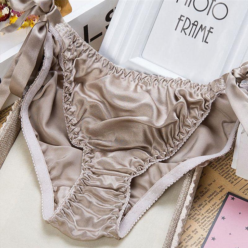 Pure Silk Satin Laceup Panties Women039s Sexy Bikini Briefs Panties Underwear Lingerie Satin Lace Knickers Briefs Female Linge3823358