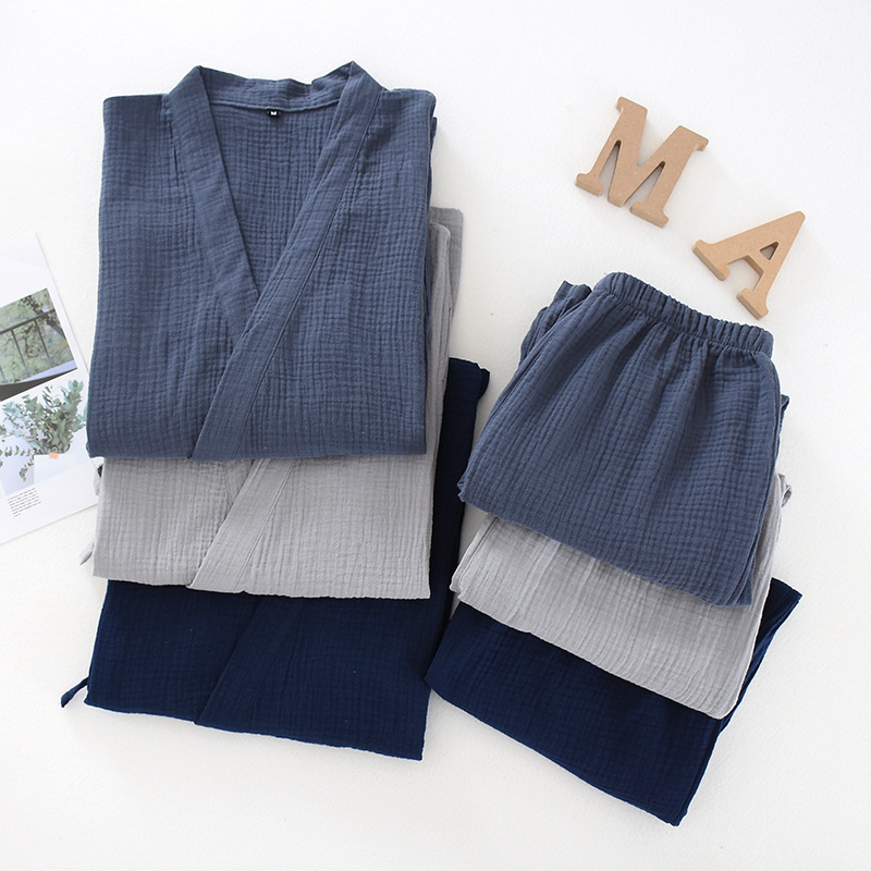 Men and Women 100% Cotton Pajamas Plus Size Loose Bathrobes V-Neck Kimono Pijama Mujer Three Quarter Sleepwear Couple Sleepwear 201031