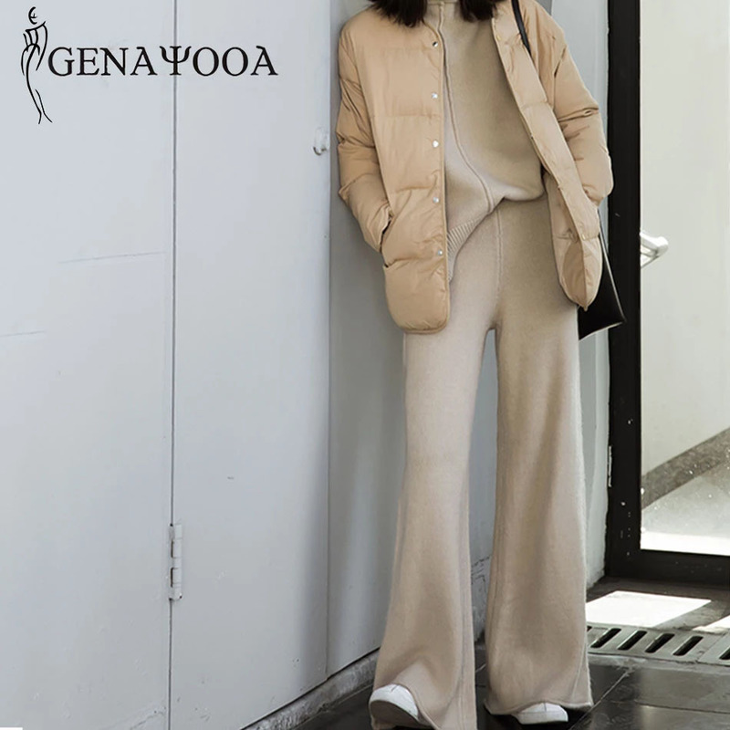Genayooa Two Piece Set Pullover Sweater Tracksuit Women High Waist Knit Wide Leg Pants Suit 2 Winter 220315