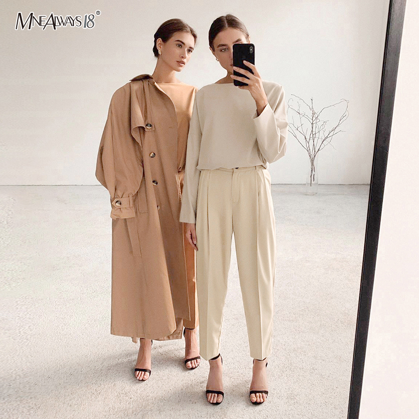 Mnealways18 Khaki Casual High Waist Pants Brown Office Wear Solid Women Pants Elastic Waist Trousers Ladies Zipper Fashion 201106