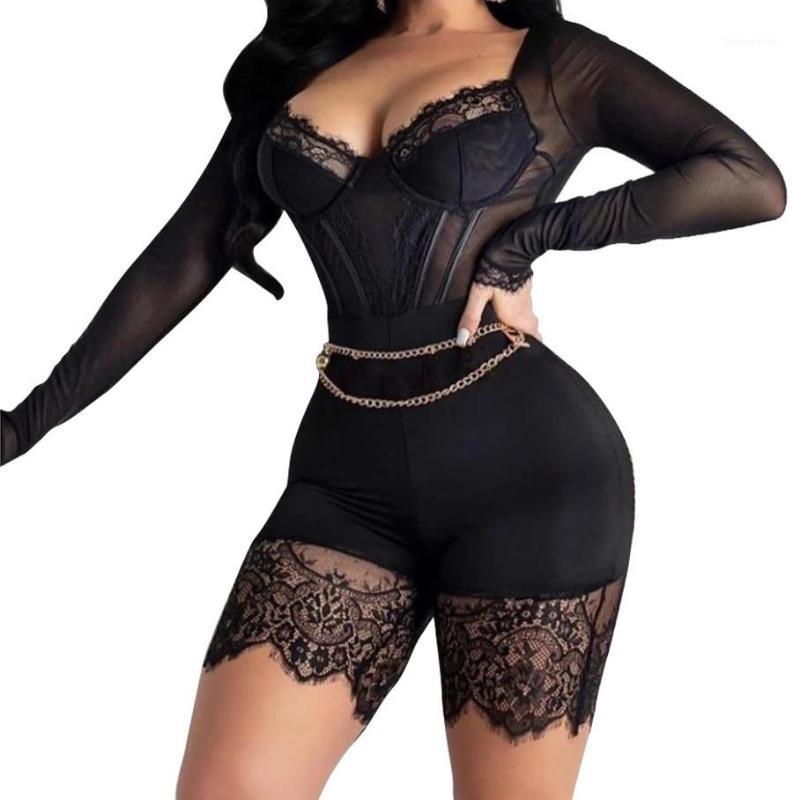 Women' Jumpsuits & Rompers Sexy Long Sleeve Skinny Bodysuit Women Mesh Patchwork Black Lace Romper Elegant Club Party Bodycon 
Women' Jumpsuits & Rompers Sexy Long Sleeve Skinny Bodysuit Women Mesh Patchwork Black Lace Romper Elegant Club Party Bodycon