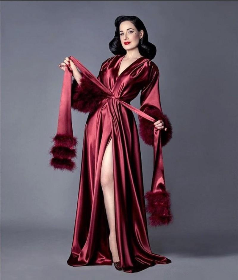silk night robe long sleeves fur bridal party sleepwear nightgowns robes for women photo shoot
