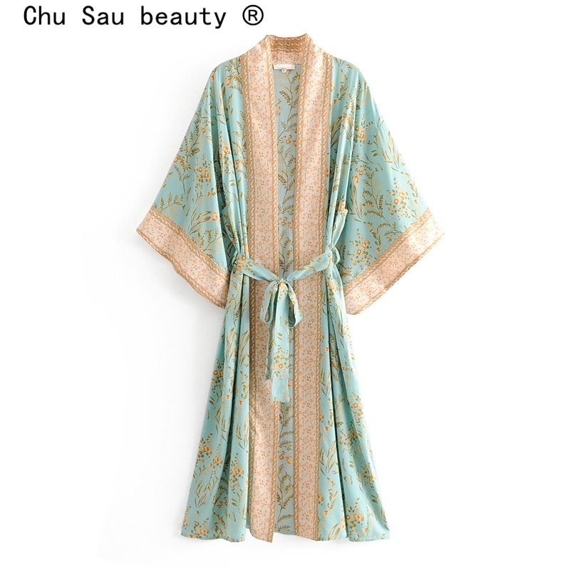 New Hot Selling Vintage Boho Floral Print Long Kimono Cardigan Summer Tops Belted Beachwear Vestido Blusas Mujer 201130