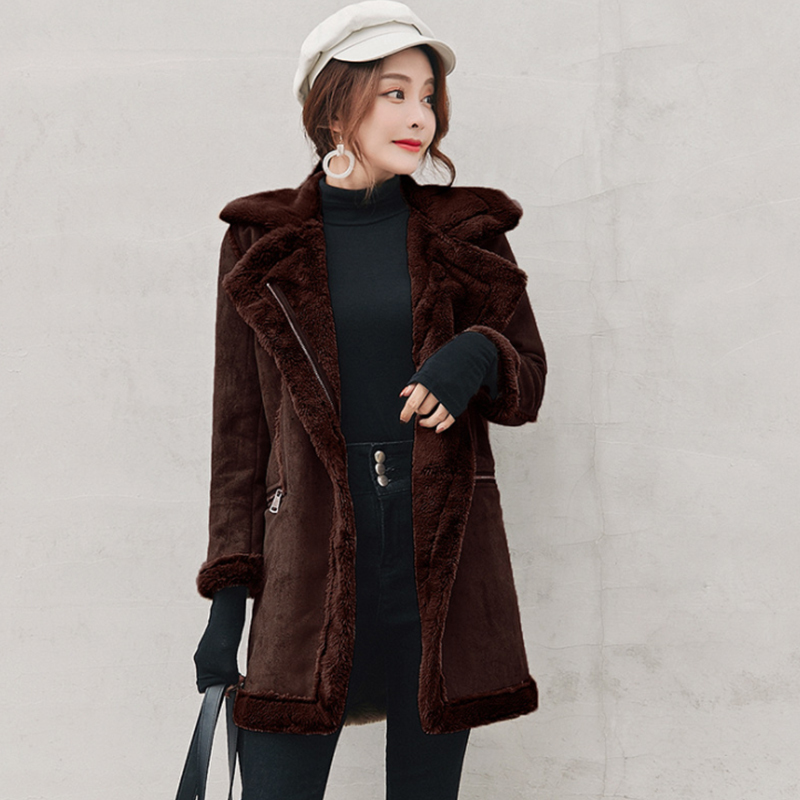 Winter Woolen Coats Women MidLong Jackets Casual Zipper Outerwear Deerskin Velvet Lamb Wool Thicken Cotton Tops Women 201102