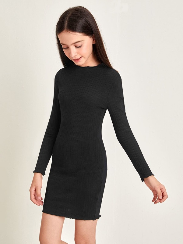 Girls Lettuce Trim Rib-knit Fitted Dress SHE