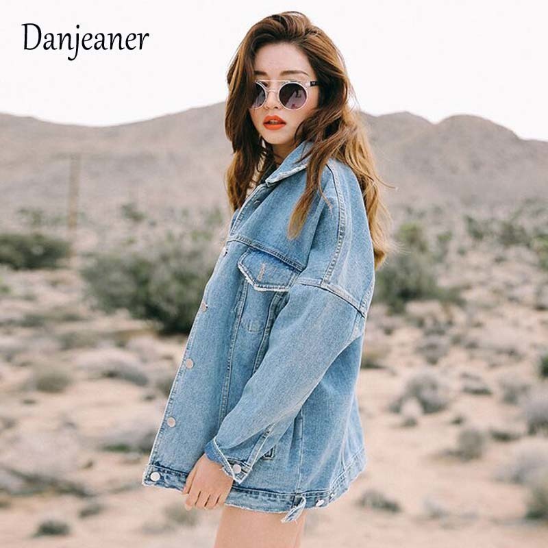 Danjeaner BF Wind Loose Large Size Denim Jacket Female Turn Down Collar Coat Casual Jean Jackets Frayed Pattern Basic Coat T200111