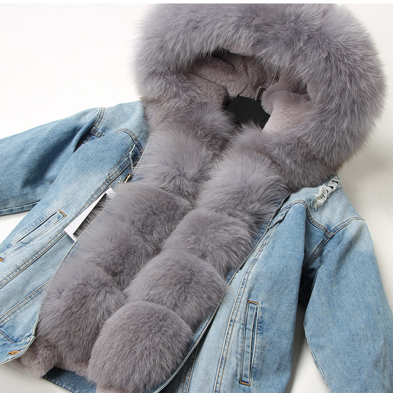 Maomaokong natural fox fur big fur collar Jacket jacket denim Loose fashion fur Removable lining Park leather coat women's cloth 201217