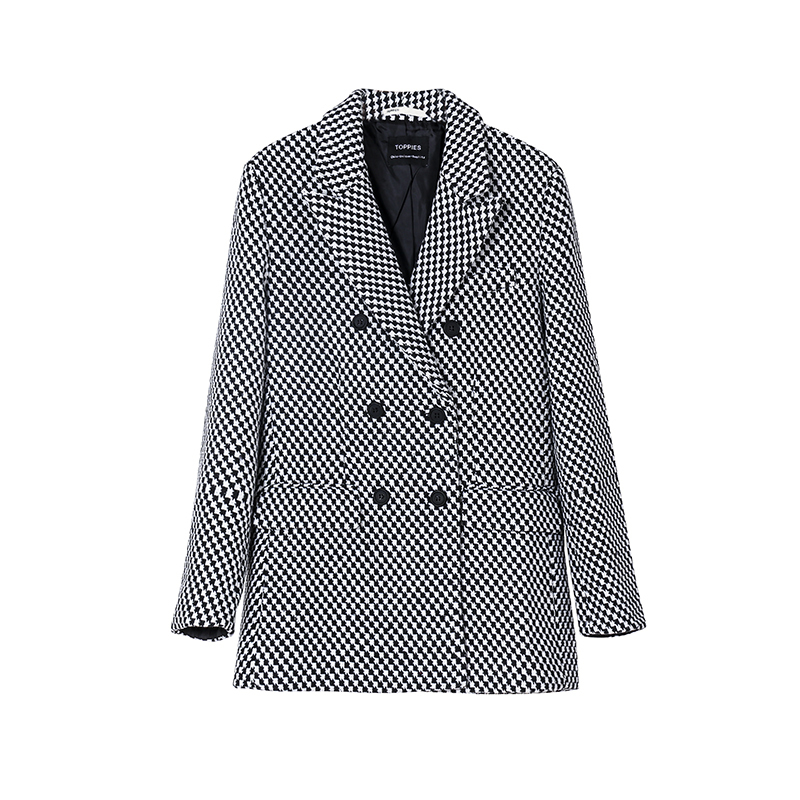 toppies vintage Houndstooth woolen Jacket double breasted long coat women outwear winter clothes 201103