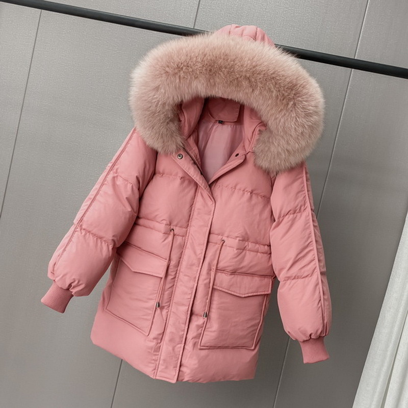 Winter White Duck Down Jacket Women Medium Long Hooded Down Coat Female Casual Thick Solid Fur Collar Jacket LJ201127