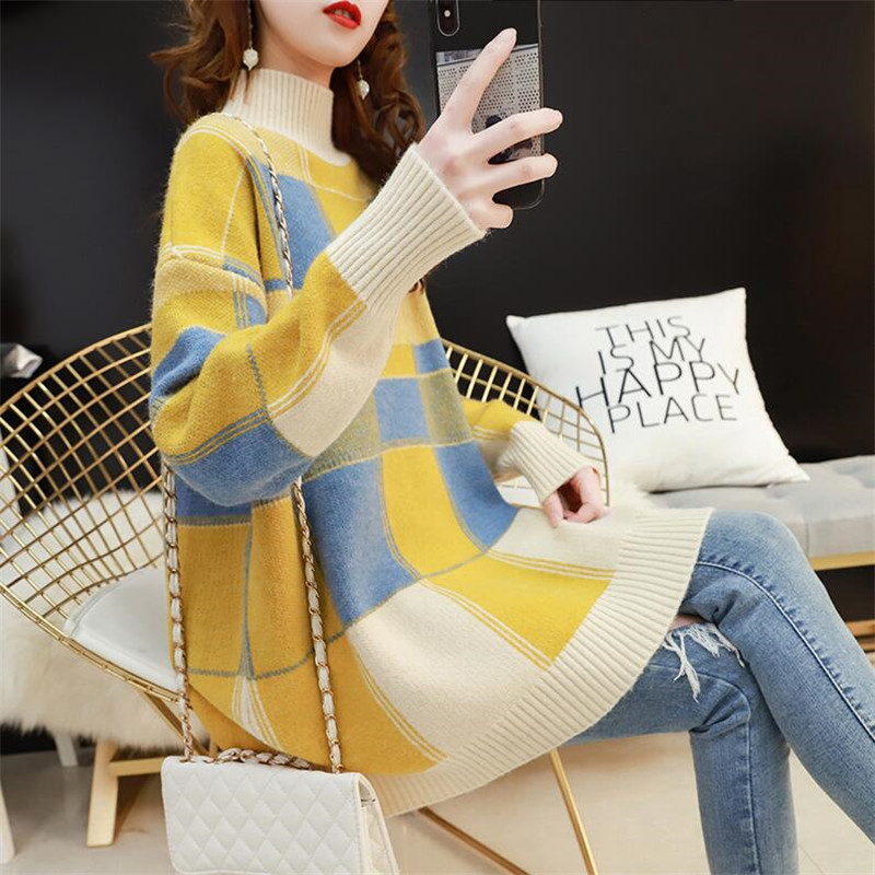 Women Casual Sweater female half-high collar loose mid-length autumn and winter bottoming pullover 201225