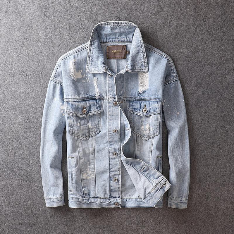 Korean Style Fashion Men Jacket Retro Light Blue Destroyed Ripped Coats Paint Designer Streetwear Hip Hop Denim Jackets Men
Korean Style Fashion Men Jacket Retro Light Blue Destroyed Ripped Coats Paint Designer Streetwear Hip Hop Denim Jackets Men