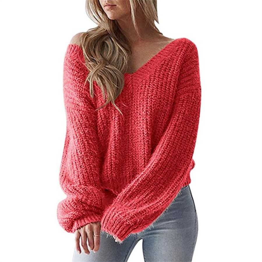 autumn and winter new fashion solid color women's deep v-neck open back lace pullover sweater 210203