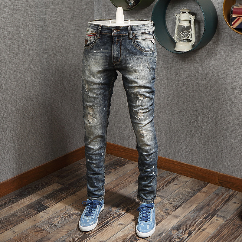 2021 New Italian Style Fashion High Quality Retro Washed Slim Fit Destroyed Ripped Men Paint Designer Hip Hop Jeans Homme 6bee, Retro blue
2021 New Italian Style Fashion High Quality Retro Washed Slim Fit Destroyed Ripped Men Paint Designer Hip Hop Jeans Homme 6bee, Retro blue