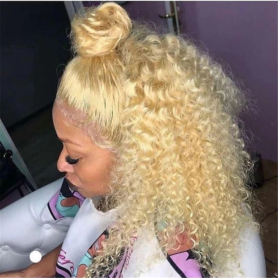 Free shipping 613 Blonde Curly 13x4 Transparent Lace Front silation Human Hair Wigs Pre Plucked Deep Wave synthetic Frontal Wig for Black Women