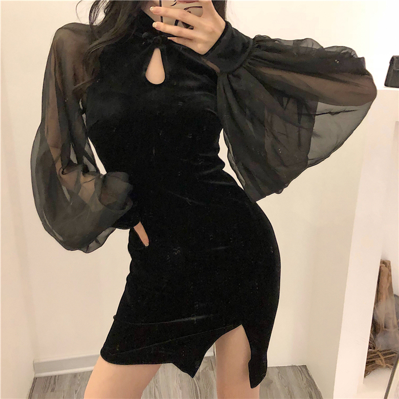 Joinyouth Autumn Winter Women Dress Robe Mesh Patchwork Lantern Sleeve Slim Lady Mini Dresses Stand Neck Split Vestidos 56798 201029
