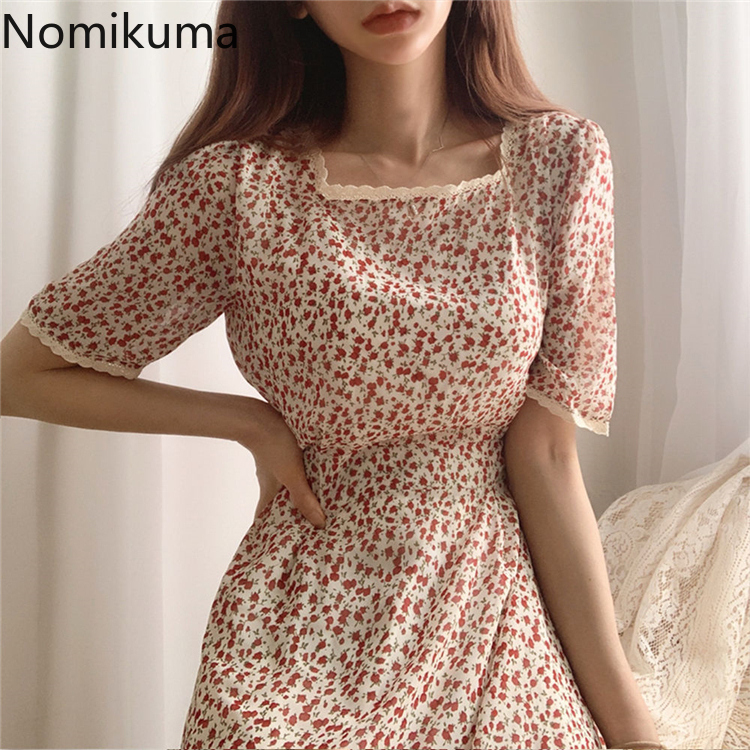 Nomikuma Square Collar Short Sleeve Elegant Dress Lace Patchwork Floral Print Slim Waist A Line Dresses Korean New Vestido 3a413 T200613