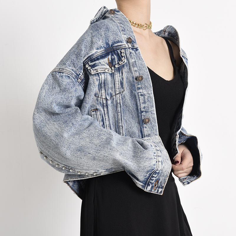 EAM Blue Short Rhinestones Hollow Out Denim Jacket Lapel Long Sleeve Women Coat Fashion Spring Autumn 1X90305 201029
