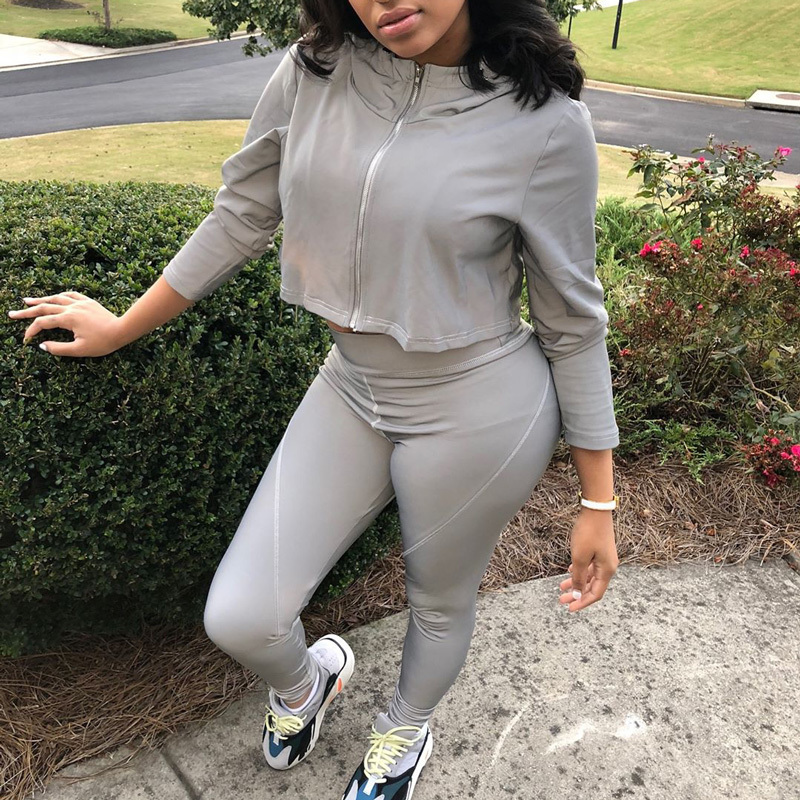 InstaHot Hooded Drawstring Zip Up Jacket Women Cool Gray Reflective Light Loose Crop Tops Long Sleeve 2018 Fashion Open Stitch T200111