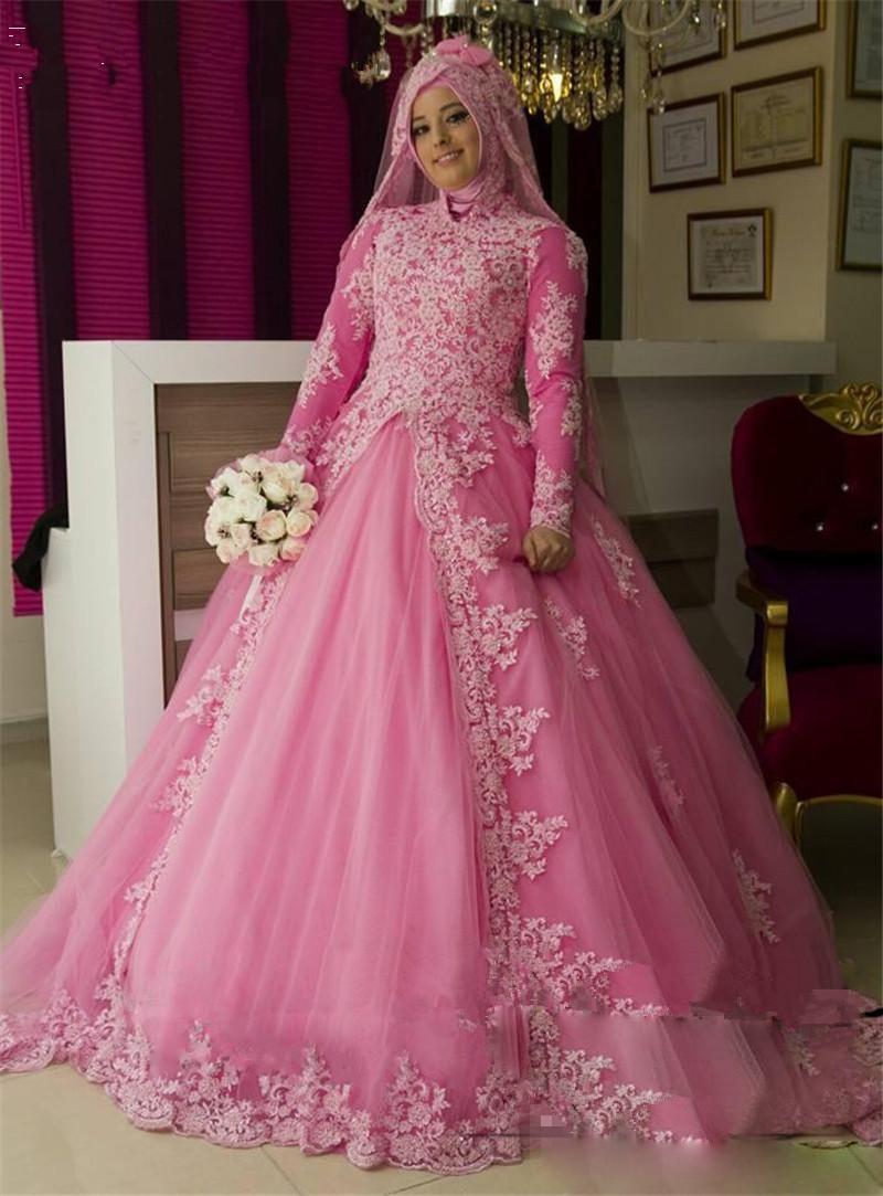 Elegant Pink Muslim Plus Size Dresses Long Sleeves Appliques Lace Bridal Gowns Sweep Train A-line Wedding Dress Vestidos De Noiva