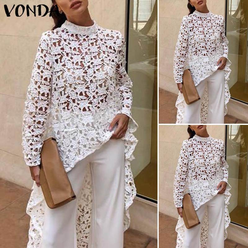VONDA Summer Tunic Women White Lace Irregular Hem Hollow Tops Sexy Blouse Beach Blusas Casual Shirts Plus Size T200502