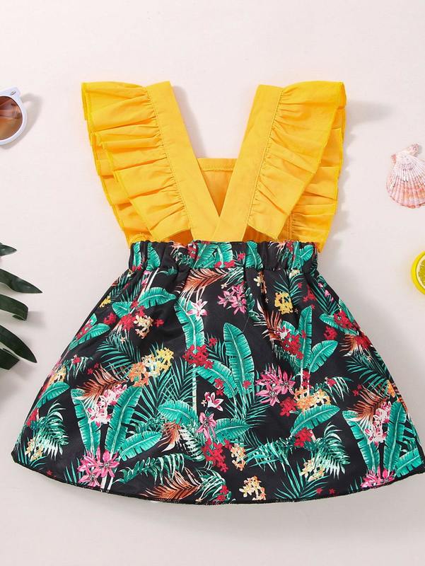 Baby Tropical Print Ruffle Trim Square Neck Dress SHE